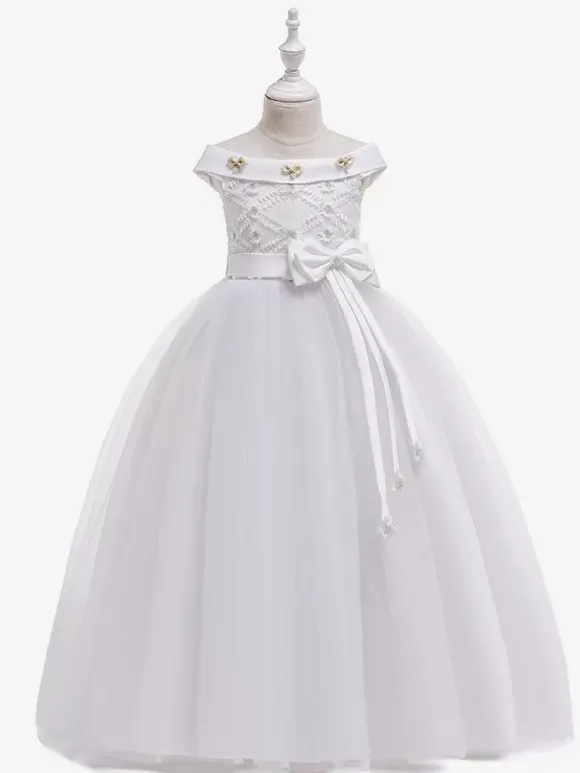Robes de fille de fleur blanche Robes d'occasion spéciale Tulle blanc sans manches Col bateau Robes de fille de fleur