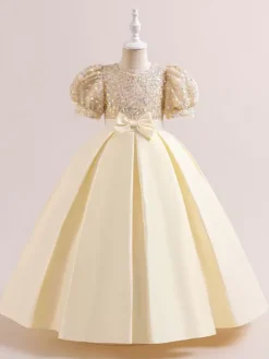 Robes de fille de fleur blanche robes d'occasion spéciale Champagne Polyester manches courtes col bijou robes de fille de fleur