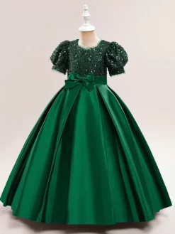 Robes de fille de fleur blanche robes d'occasion spéciale Champagne Polyester manches courtes col bijou robes de fille de fleur