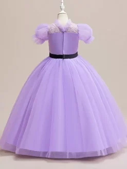Robes de fille de fleur blanche robes d'occasion spéciale Tulle violet manches courtes col bijou robes de fille de fleur