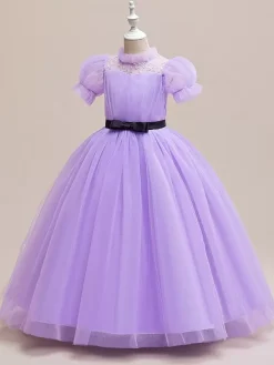 Robes de fille de fleur blanche robes d'occasion spéciale Tulle violet manches courtes col bijou robes de fille de fleur