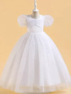 Robes de fille de fleur blanche robes d'occasion spéciale paillettes roses manches courtes col bijou robes de fille de fleur