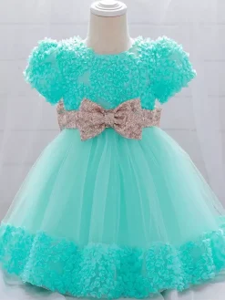 Robes de fille de fleur blanche Robes d'occasion spéciale Dentelle blanche Manches courtes Col bijou Robes de fille de fleur