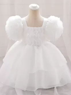 Robes de fille de fleur blanche robes d'occasion spéciale Tulle rose clair manches courtes col carré robes de fille de fleur