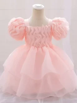 Robes de fille de fleur blanche robes d'occasion spéciale Tulle rose clair manches courtes col carré robes de fille de fleur