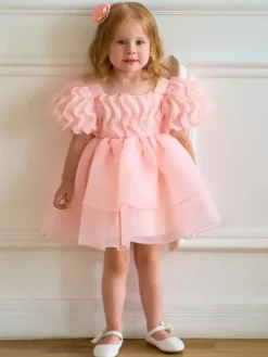 Robes de fille de fleur blanche robes d'occasion spéciale Tulle rose clair manches courtes col carré robes de fille de fleur