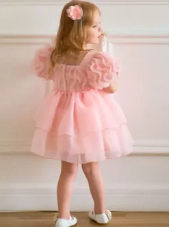 Robes de fille de fleur blanche robes d'occasion spéciale Tulle rose clair manches courtes col carré robes de fille de fleur