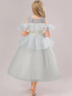 Robes de fille de fleur blanche Champagne Organza sans manches bijou cou robes de fille de fleur