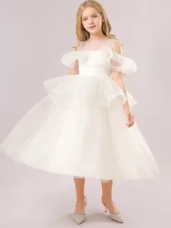 Robes de fille de fleur blanche Champagne Organza sans manches bijou cou robes de fille de fleur