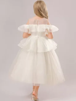 Robes de fille de fleur blanche Champagne Organza sans manches bijou cou robes de fille de fleur