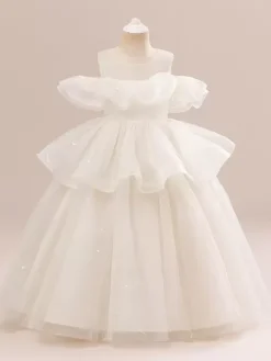 Robes de fille de fleur blanche Champagne Organza sans manches bijou cou robes de fille de fleur