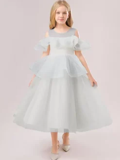 Robes de fille de fleur blanche Champagne Organza sans manches bijou cou robes de fille de fleur