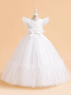 Robes de fille de fleur blanche Robes d'occasion spéciale Tulle blanc manches courtes col bijou robes de fille de fleur