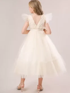 Robes de fille de fleur blanche Robes d'occasion spéciale Tulle blanc manches courtes col bijou robes de fille de fleur