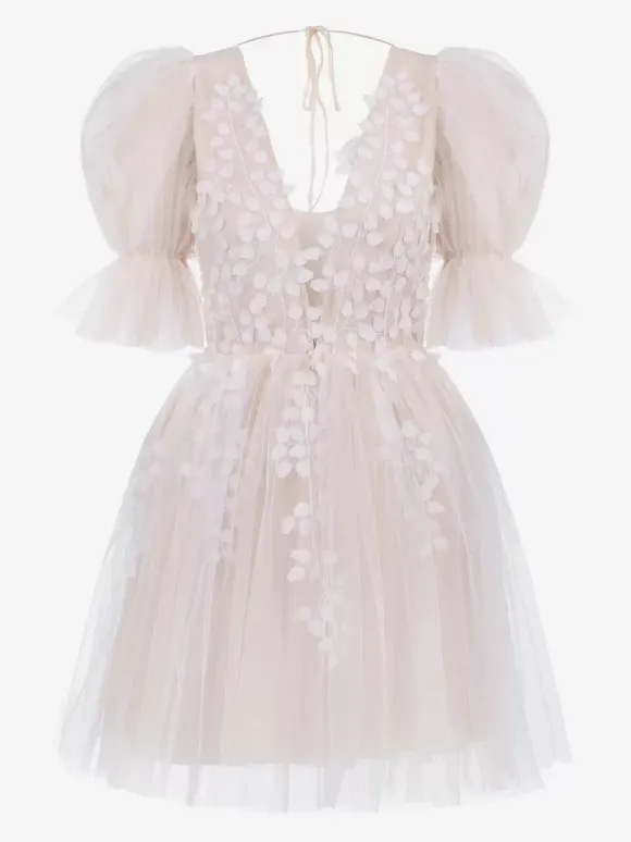 Robes de mariée courtes col en V manches courtes coupe trapèze en tulle