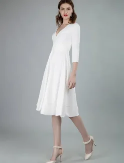 Robes de mariée courtes col en v manches 3/4 longueur longueur genou robe de mariage