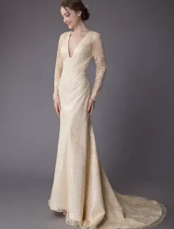 Robes de mariée dentelle robe de mariée col V manches longues dos nu sirene avec train