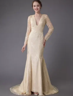 Robes de mariée dentelle robe de mariée col V manches longues dos nu sirene avec train