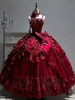 Robes de mariée gothiques Lolita à volants et n艙uds robe rouge et blanche