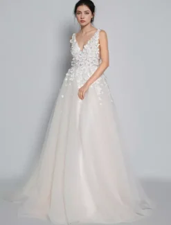 Robes de mariée rose en tulle col V dos nu décoré des fleurs à traîne