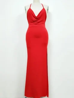 Robes de Soirée Femmes Longues avec Bretelles à Col Décolleté en V avc Dos Nu Coupe Cintrée Fente Latérale Unicolore Robes Etés Sexy