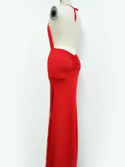 Robes de Soirée Femmes Longues avec Bretelles à Col Décolleté en V avc Dos Nu Coupe Cintrée Fente Latérale Unicolore Robes Etés Sexy