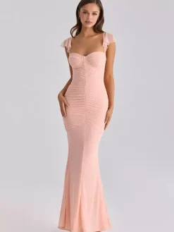 Robes de soirée longues sans manches à bretelles décolleté sexy robes roses