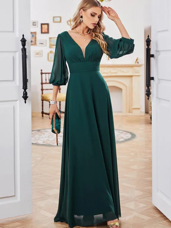 Robes De Soirée Robe Semi-Formelle Plissée À Manches Longues Col En V Vert Foncé