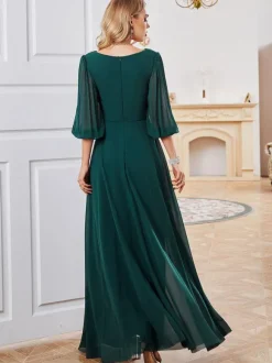 Robes De Soirée Robe Semi-Formelle Plissée À Manches Longues Col En V Vert Foncé