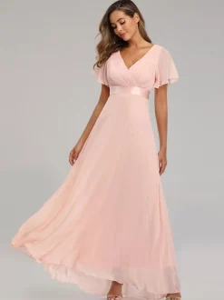 Robes De Soirée Robes De Bal En Mousseline De Soie Col En V Manches Courtes Robe Maxi Semi-formelle Robe Vert Sauge