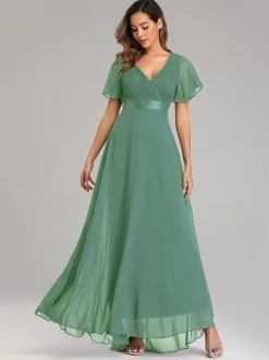 Robes De Soirée Robes De Bal En Mousseline De Soie Col En V Manches Courtes Robe Maxi Semi-formelle Robe Vert Sauge