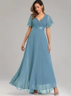 Robes De Soirée Robes De Bal En Mousseline De Soie Col En V Manches Courtes Robe Maxi Semi-formelle Robe Vert Sauge