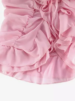 Robes de vacances roses chics mini dos nu à volants manches longues et épaules dénudées