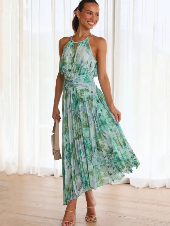 Robes Fleuri Maxi Imprimées Floral Sans Manches Élégantes Couches Plissées Dos Nu Longues Robes D'été