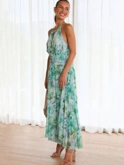 Robes Fleuri Maxi Imprimées Floral Sans Manches Élégantes Couches Plissées Dos Nu Longues Robes D'été