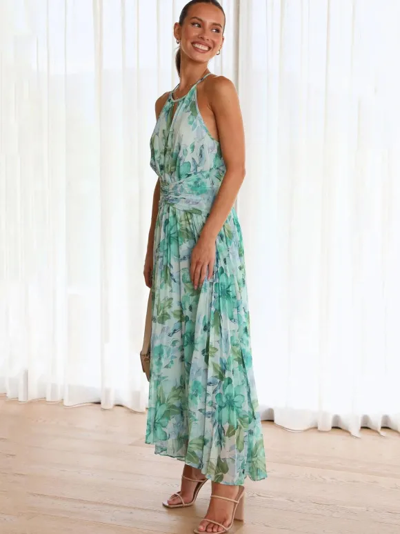 Robes Fleuri Maxi Imprimées Floral Sans Manches Élégantes Couches Plissées Dos Nu Longues Robes D'été