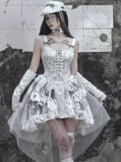 Robes gothiques Lolita à lacets et volants imprimé floral écru et blanc JSK