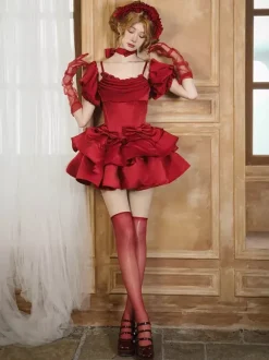 Robes gothiques Lolita à n艙uds et volants rouges