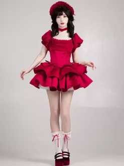Robes gothiques Lolita à n艙uds et volants rouges
