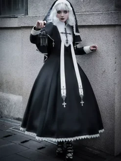 Robes gothiques Lolita à volants et blocs de couleurs croisés Noir Noir