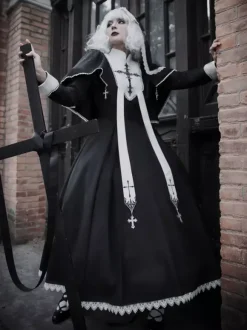 Robes gothiques Lolita à volants et blocs de couleurs croisés Noir Noir