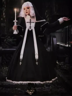 Robes gothiques Lolita à volants et blocs de couleurs croisés Noir Noir