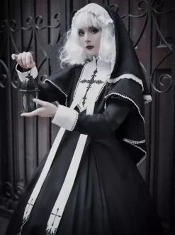 Robes gothiques Lolita à volants et blocs de couleurs croisés Noir Noir