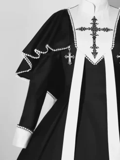 Robes gothiques Lolita à volants et blocs de couleurs croisés Noir Noir