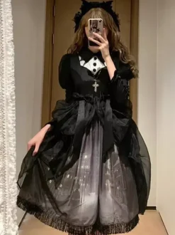Robes gothiques Lolita à volants et n艙uds imprimé floral noir et noir
