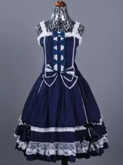 Robes gothiques Lolita à volants et n艙uds Bloc de couleurs Bleu Bleu