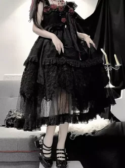 Robes gothiques Lolita à volants et fleurs noires Hime Lolita JSK
