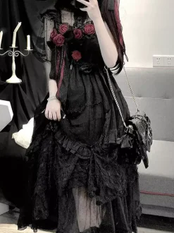Robes gothiques Lolita à volants et fleurs noires Hime Lolita JSK