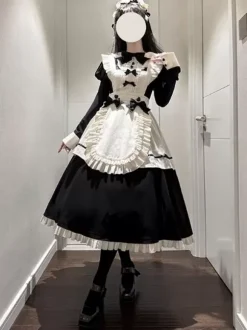 Robes gothiques Lolita à volants et n艙uds Bloc de couleurs Noir Noir