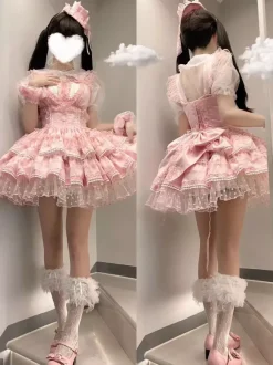 Robes gothiques Lolita à volants à pois rose vert